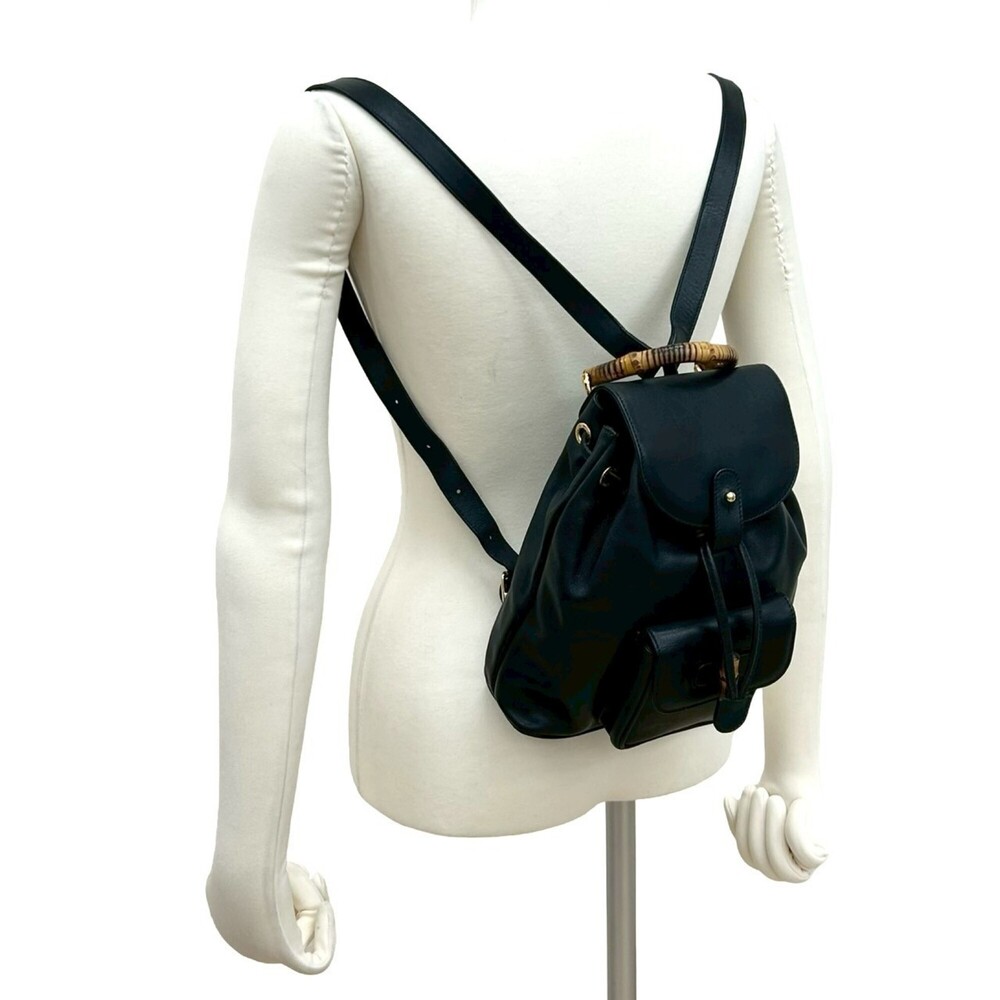 GUCCI (Old Gucci) Vintage Bamboo Leather Backpack Mini Navy Blue ni3-1 - Picture 2 of 10